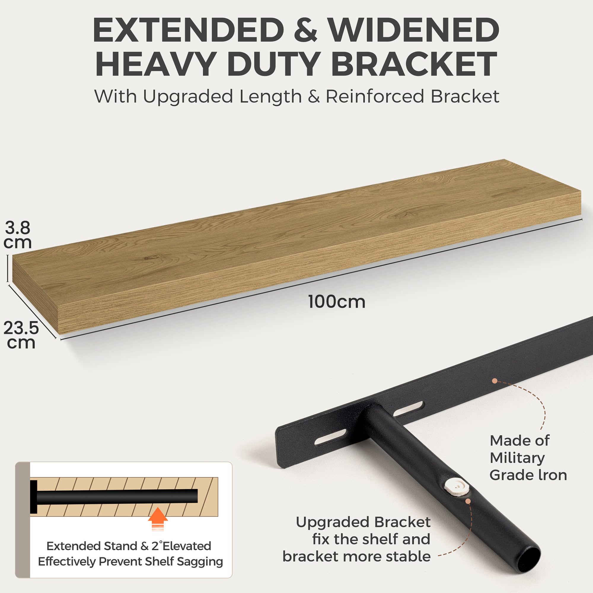 Acovy Lot de 2 étagères murales flottantes en bois, 23,5 cm de profondeur, 100 cm de long, pour salon, salle de bain, chambre à coucher, cuisine, chêne
