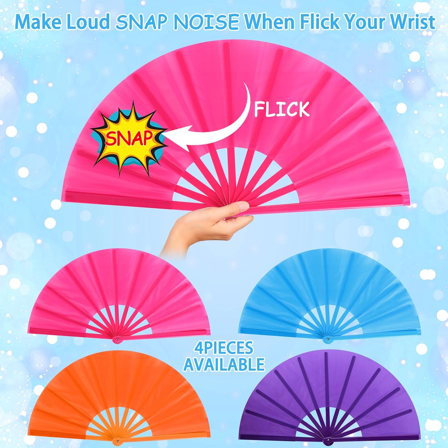 Blulu 4 Pcs Large Folding Fans Bulk with 4 Fan Sleeves, Chinese Kung Fu Hand Clack Rave Fans for Line Dancing, Festival, Party Decor and Performance(Classic Style,Purple, Blue, Orange, Pink,13 Inch)