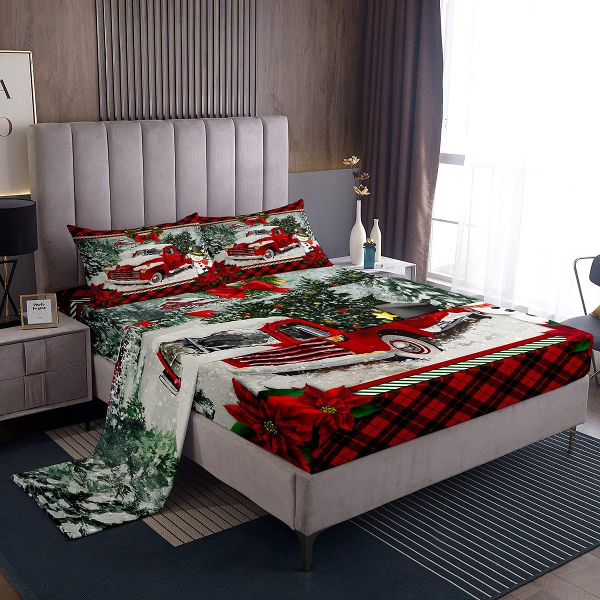 Homewish Christmas Truck Bed Sheet Queen Size Kids Girls