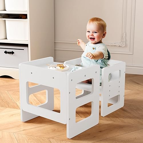 Miniatura 2 de Montessori - Juego de mesa y silla de destete, juego de mesa y silla de madera para niños, taburete de altura ajustable, muebles Montessori para