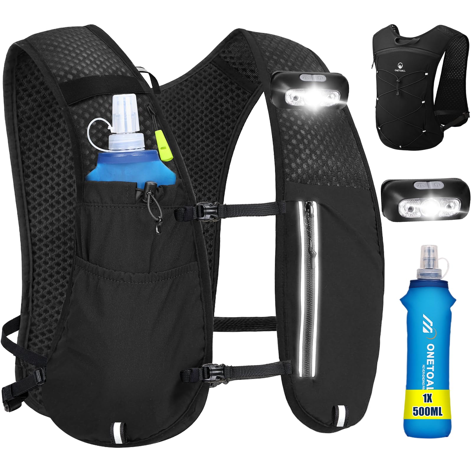 Gilet Running Uomo Donna, Zaino Trail Running, Running Vest con Soft Flask 500ml y Luce LED, Gilet Corsa Traspirante Riflettente per Jogging Marathon Trekking Ciclismo, Leggero Solo 175g