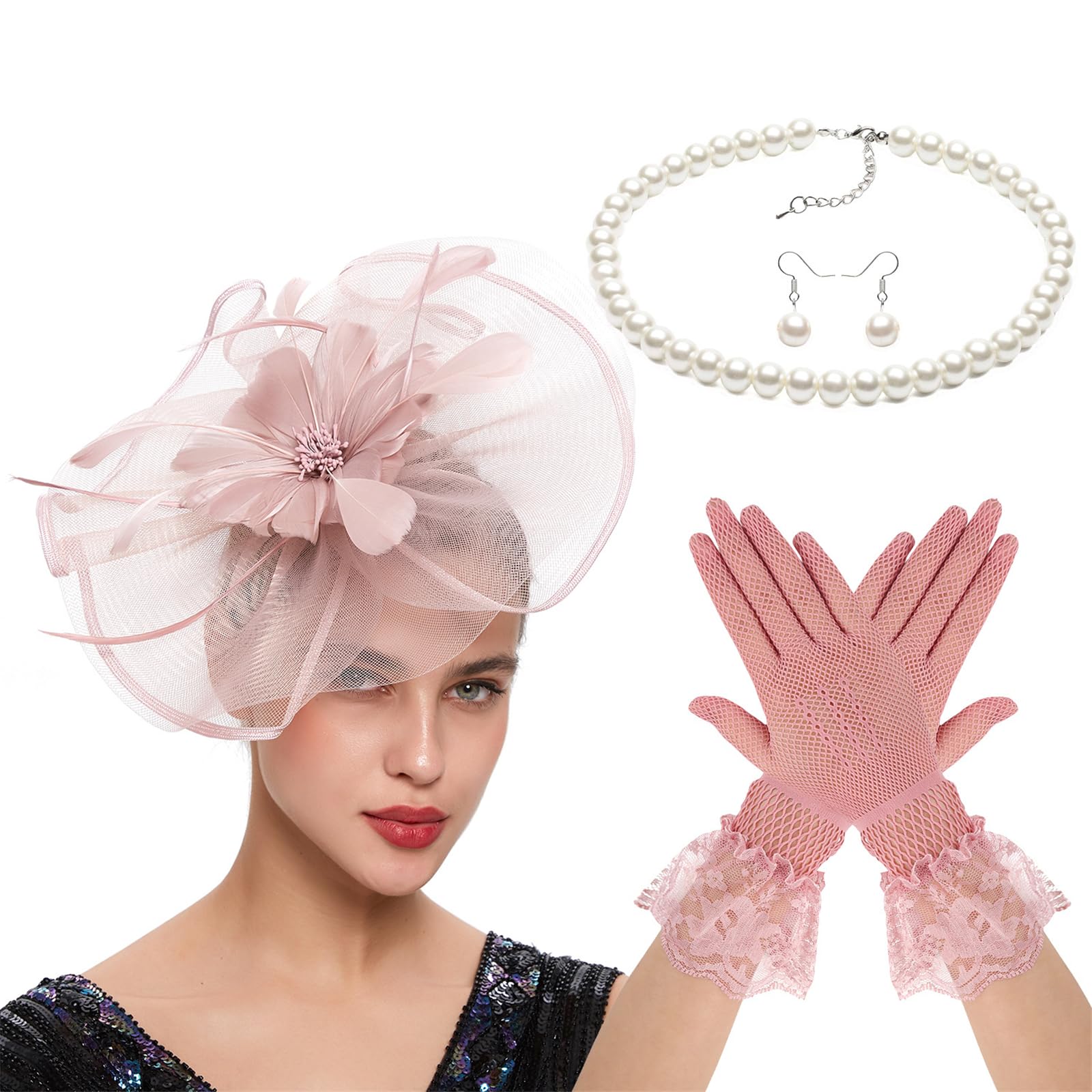 YUXITA Lace Feathered Flower Fascinator Headwear Necklace Gloves Set for Women Horse Racing Festival Headpiece Hair Accessories