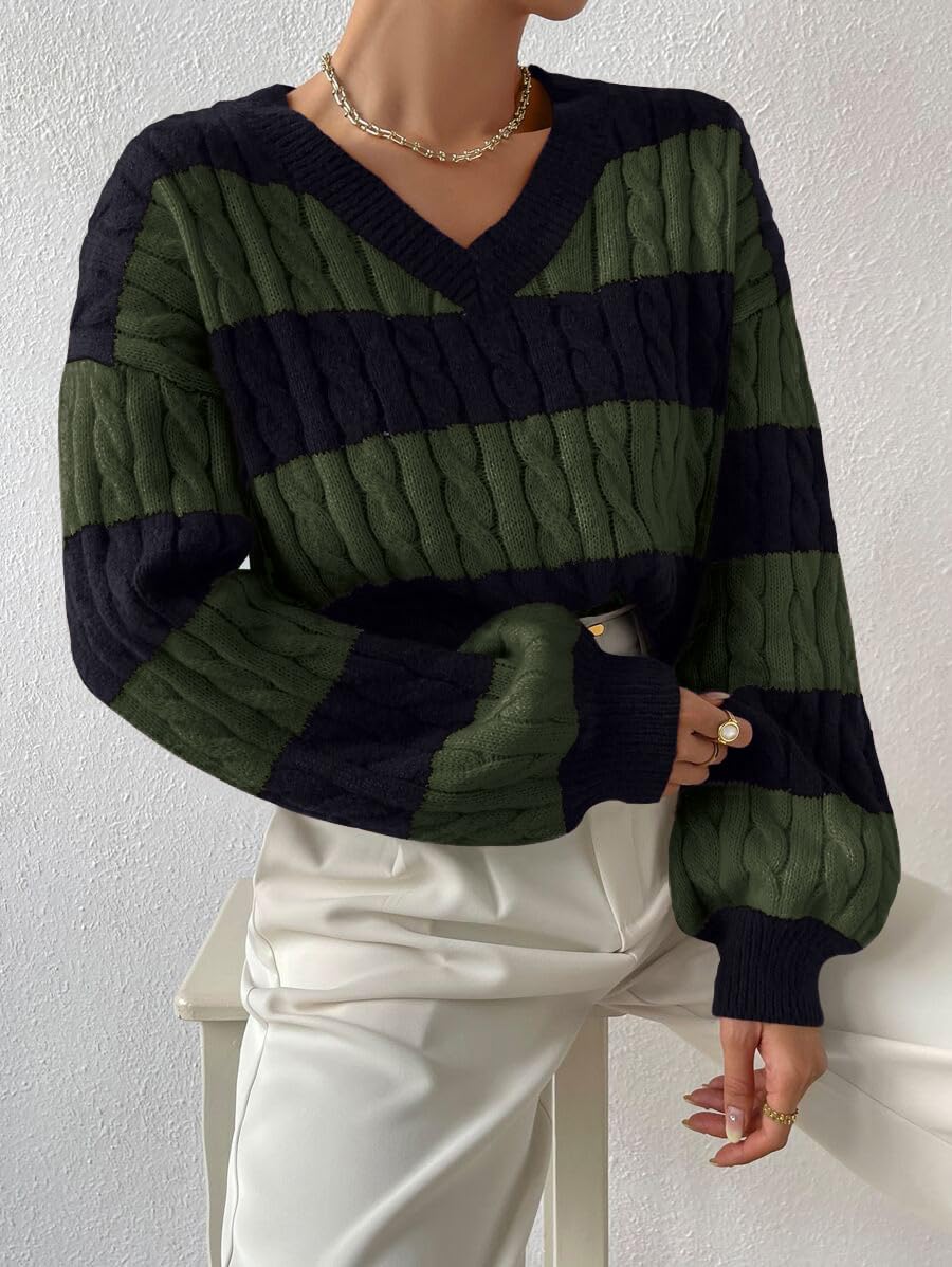 LIGHT DOT Damen-Winterpullover, größenverstellbar, Zopfmuster, V-Ausschnitt, langärmelig, lässig, lockerer Pullover, Farbblock-Streifen