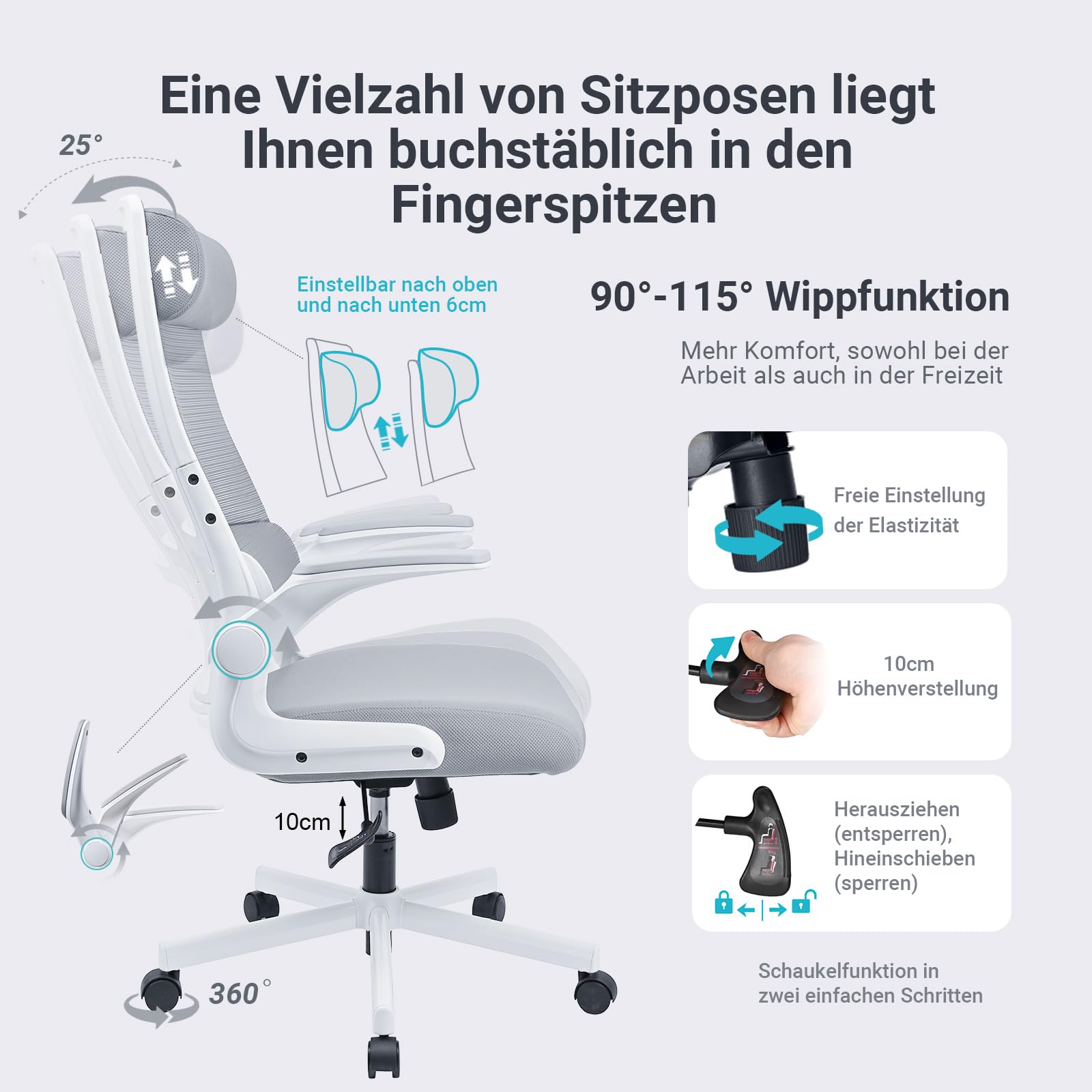 MELOKEA Bürostuhl Ergonomisch mit Verstellbare Kopfstütze, Schreibtischstuhl aus Mesh, Klappbare Armlehnen, Breites Sitzkissen, Wippfunktion, EN 1335 Computerstuhl, Bürostuhl 200 KG, Desk Chair, Grau