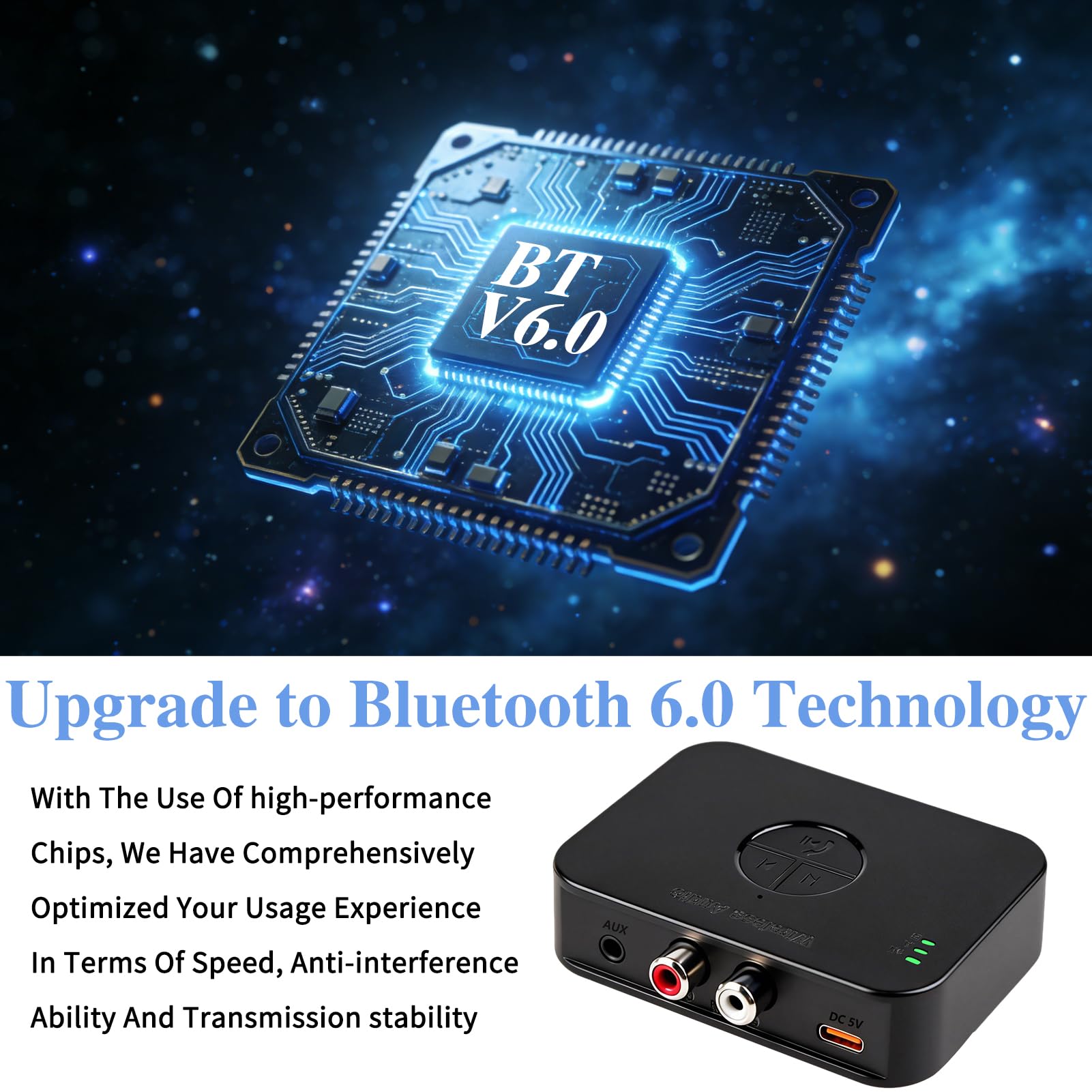 Adattatore Bluetooth 6.0 stereo, doppia connessione 3,5 mm AUX & RCA output, ricevitore Bluetooth per altoparlanti, amplificatore e autoradio, ricevitore audio HiFi Bluetooth con telecomando e 3D