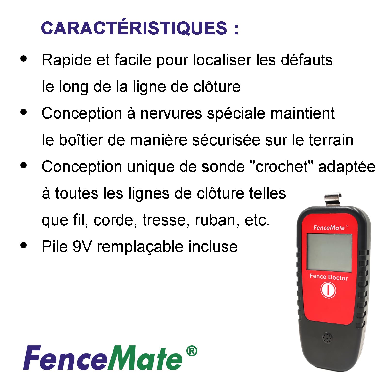 FenceMate Testeur de tension clôture électrique digital, plage jusqu'à 19,900 V, détecteur de défauts, diagnostic du courant (ampère) et de la direction du flux, pile 9 V, clip de ceinture
