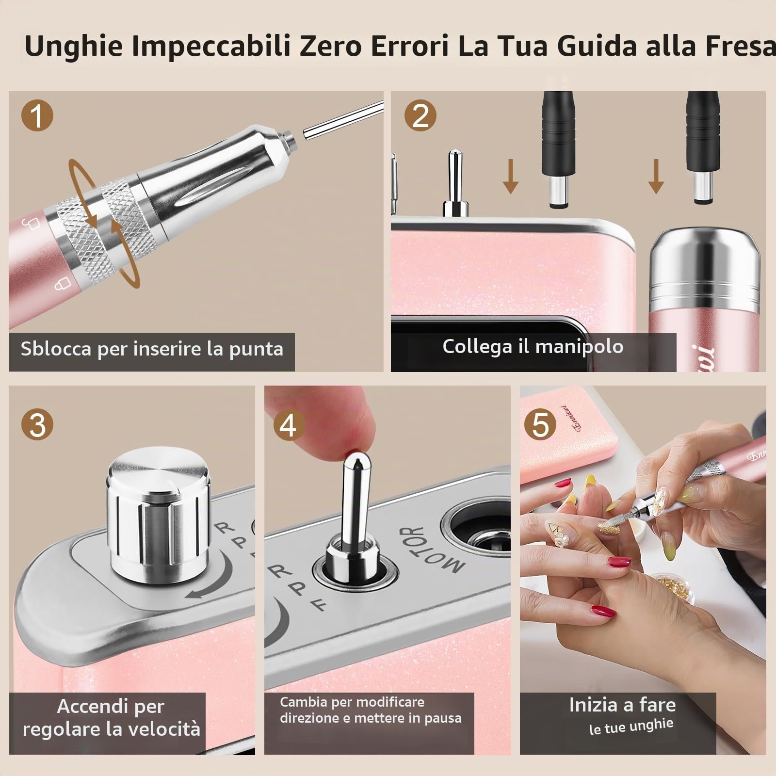 Fresa per Unghie Professionale 35000 RPM, Set Manicure Elettrico con Base di Ricarica e 7 Frese, Lima per Unghie Elettrica Portatile Ricaricabile, Trapano Elettrico per Rimozione Gel, Rosa