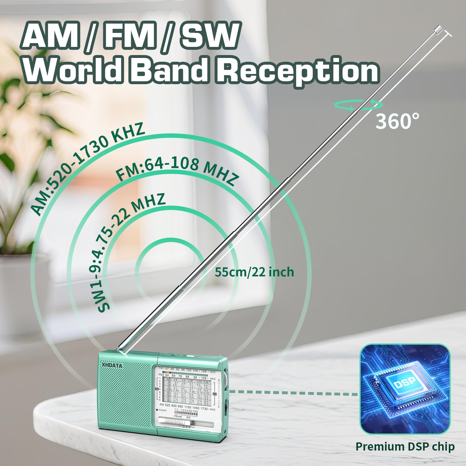 XHDATA D219 Radios Portable Am Fm with Strong Reception Compact Design, Small Battery Operated Transistor Radio(AA) Clear Sound Speaker Earphone Jack Ideal Gifts for Elder, Family, Outdoor, Green