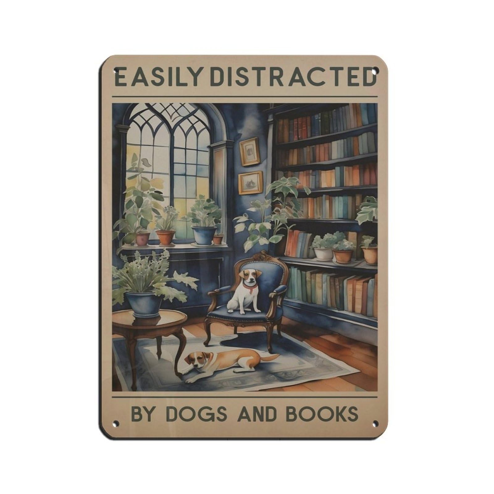 Dog And Books Poster,beagles in A Library Poster Tin Sign Vintage Metal Pub Club Cafe Bar Home Wall Art Decoration Poster Retro 12x16inch(30x40cm)