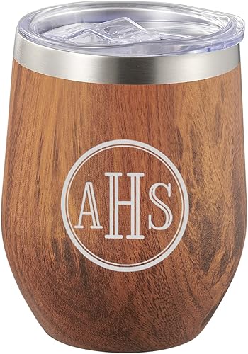 Miniatura 2 de Visol Taza de viaje personalizada de madera de vino de acero inoxidable de doble pared aislada (monograma romano)