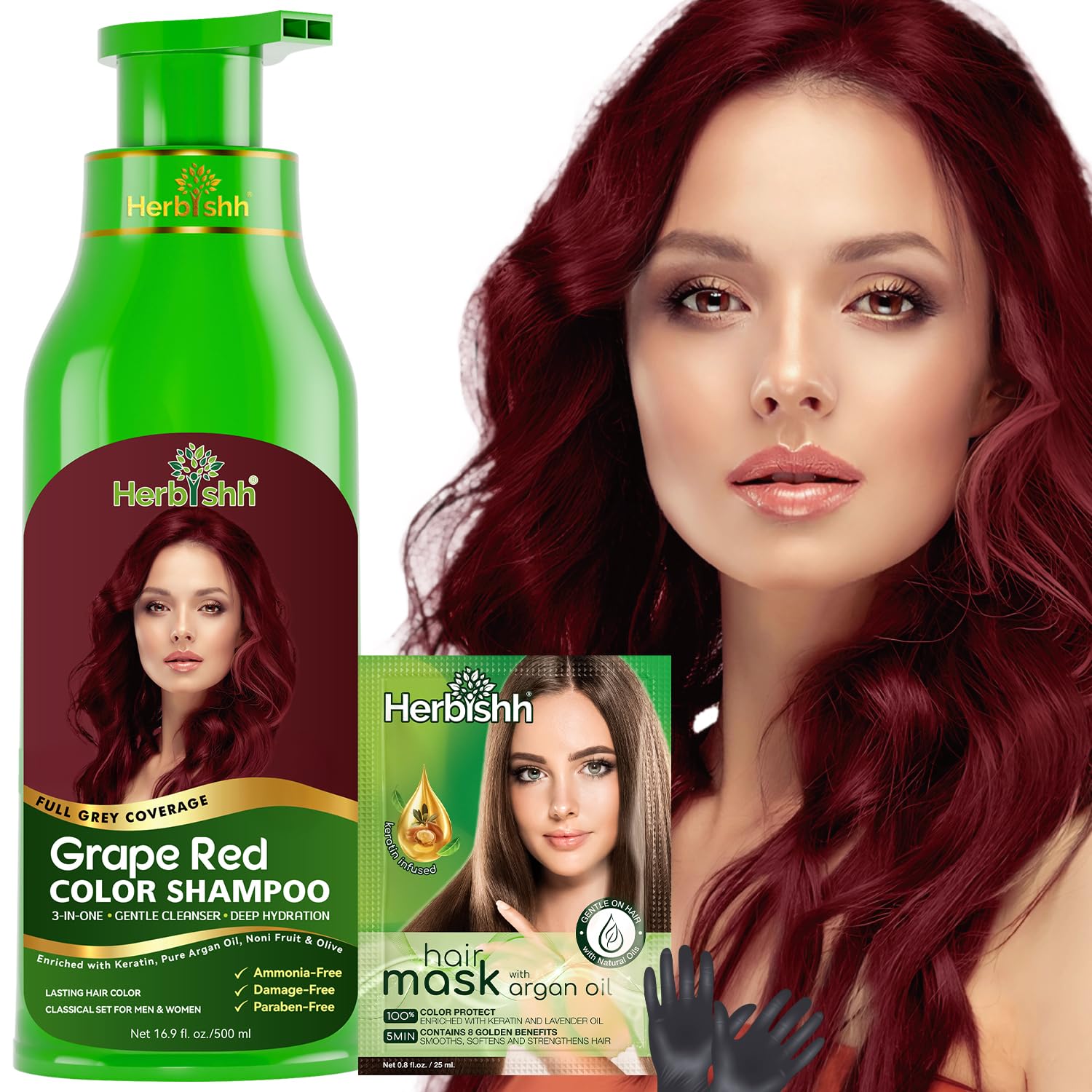 Herbishh Hair Colour Shampoo for Grey Hair, Grape Red, 500 ml, Ammonia-Free 3-in-1 Hair Dye Shampoo, Colours Hair in Minutes, Long-Lasting Colour