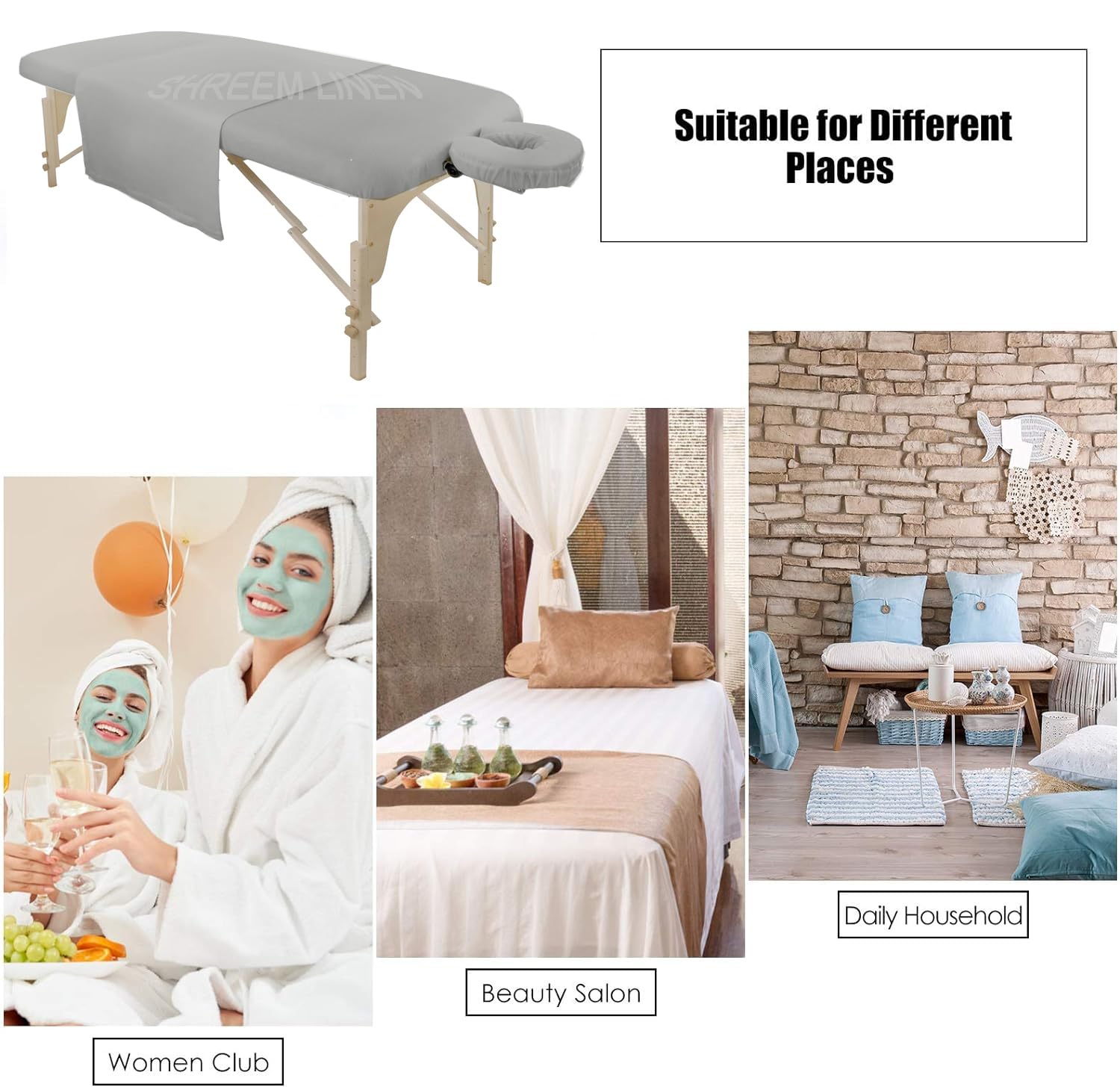 Shreem Linen Microfiber Massage Sheet Set 3-Piece for Massage Tables, Includes Massage Flat Sheet, Massage Fitted Sheet, and Massage Face Cradle Cover for Beauty Salon Spa, Light Grey