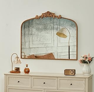 Arched Vertical Antique Mirror with Elegant Vintage Design Gold Metal Fr...