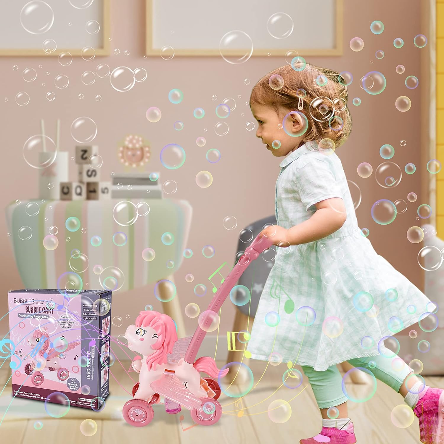 ZAYOR Bubble Machine for Kids,Fun Cute Horse Bubble Mower with Music Lights,Summer Outdoor Push Toy for Beach,Garden,Park,Lawn Game,Preschool Toddler Toys Birthday Unicorn Gifts for Girls 3-8 Year Old