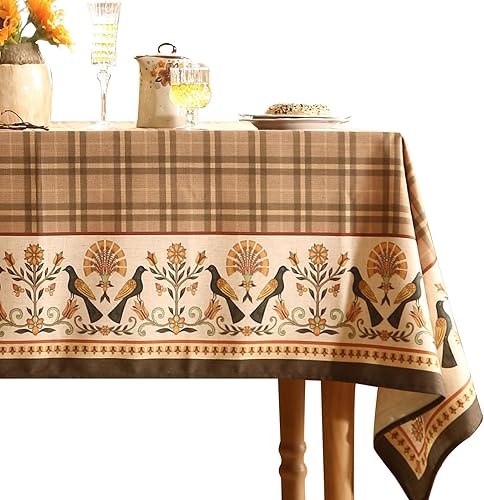 Vintage Brown Checkered Rectangle Tablecloth,Italian Floral Linen Wrinkle Resistant Table Cloth,Decor Table Cover for
