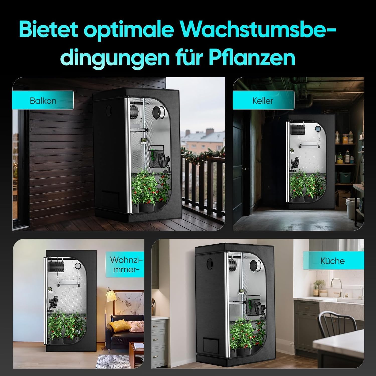 Growzelt Komplettset M1500 LED Vollspektrum Grow Lampe 80x80x160cm 4" 215 CFM 3000RPM Belüftungssatz Hydroponics Indoor Growing Tent Set