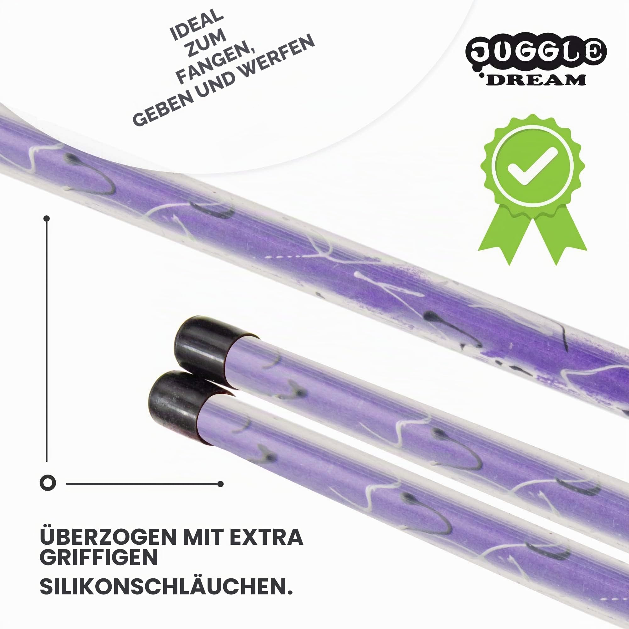 Juggle Dream Picasso Flowerstick Set inkl. Handstäbe Fiberglasstock Silicone Grip Wildlederfransen Lila Silber