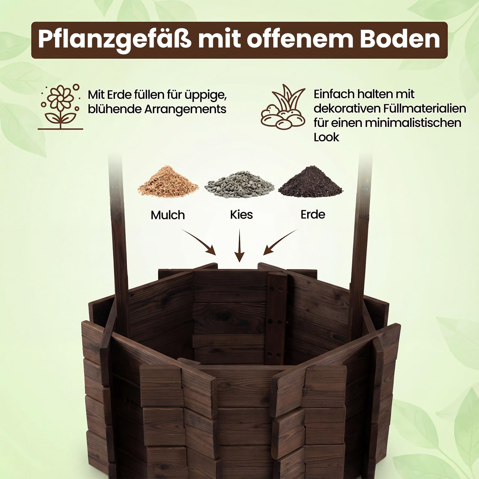COSTWAY Holzbrunnen mit Dach, Wunschbrunnen Garten, Blumenkübel Dekobrunnen Blumentopf, Dekoration für Draußen Veranda, Zierbrunnen Brunnen Gartenbrunnen, 56 x 56 x 119 cm, Braun
