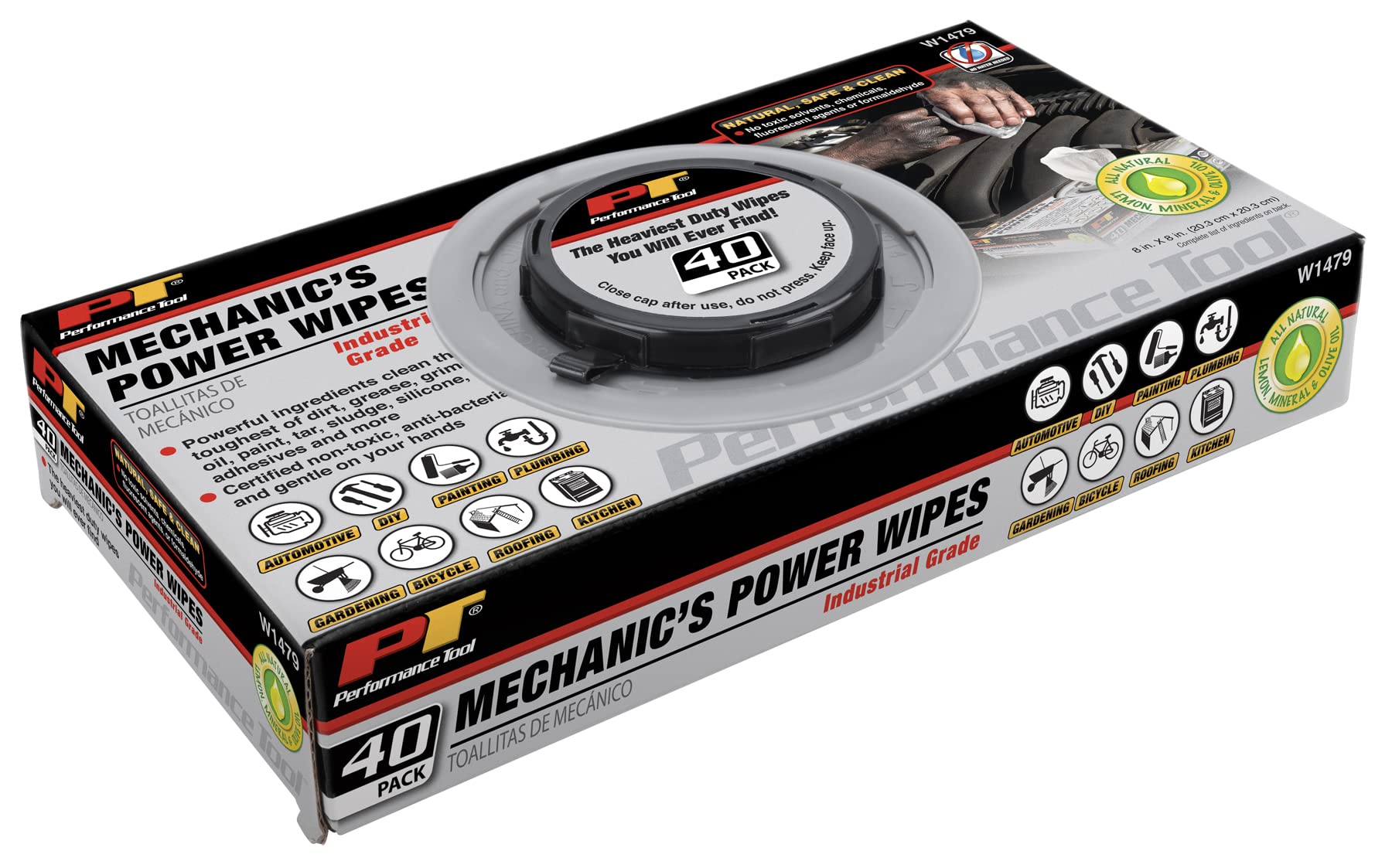Performance Tool W1479 40Pk Industrial Mechanic Wipes - Heavy Duty Cleaning Wipes for Grease, Oil, and Grime, Ideal for Automotive and Industrial Use
