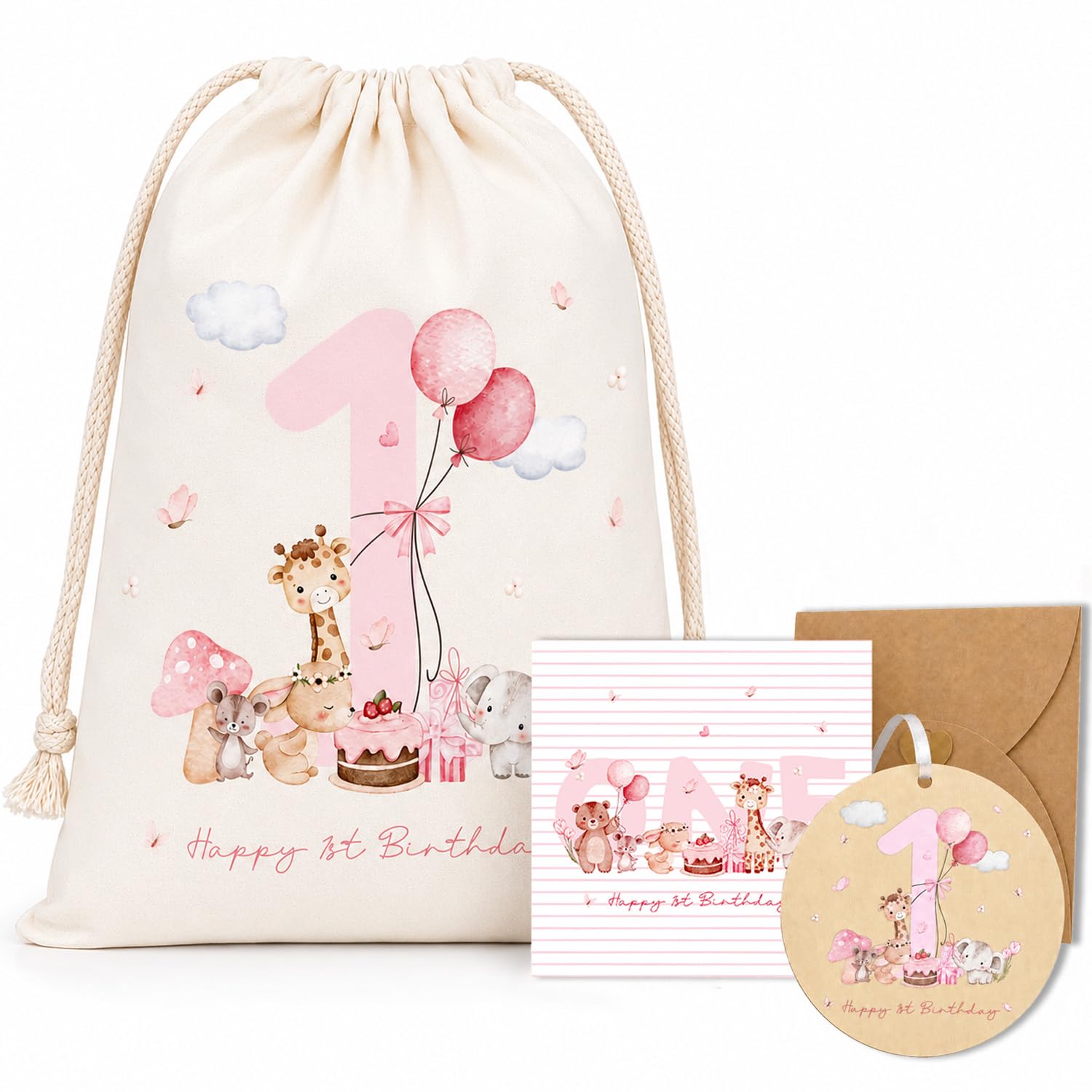 Tayenura 1st Birthday Gift Bag for Girls, 40x30cm with Card & Wooden Plaque