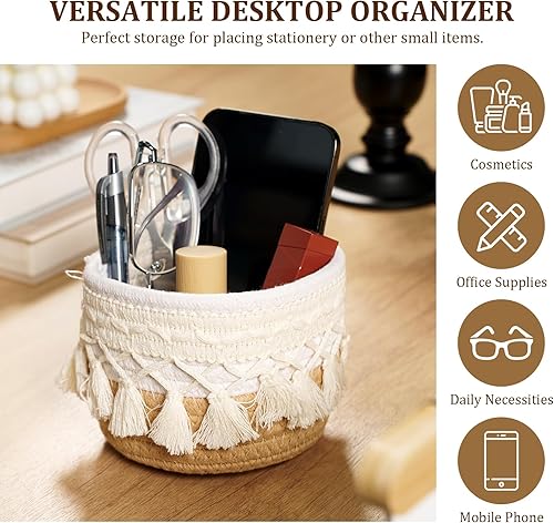 Miniatura 4 de HEAVYWOOD Organizador de brochas de maquillaje de macramé, mini contenedores de maquillaje, cesta de almacenamiento redonda bohemia de 4.7 x 3.9