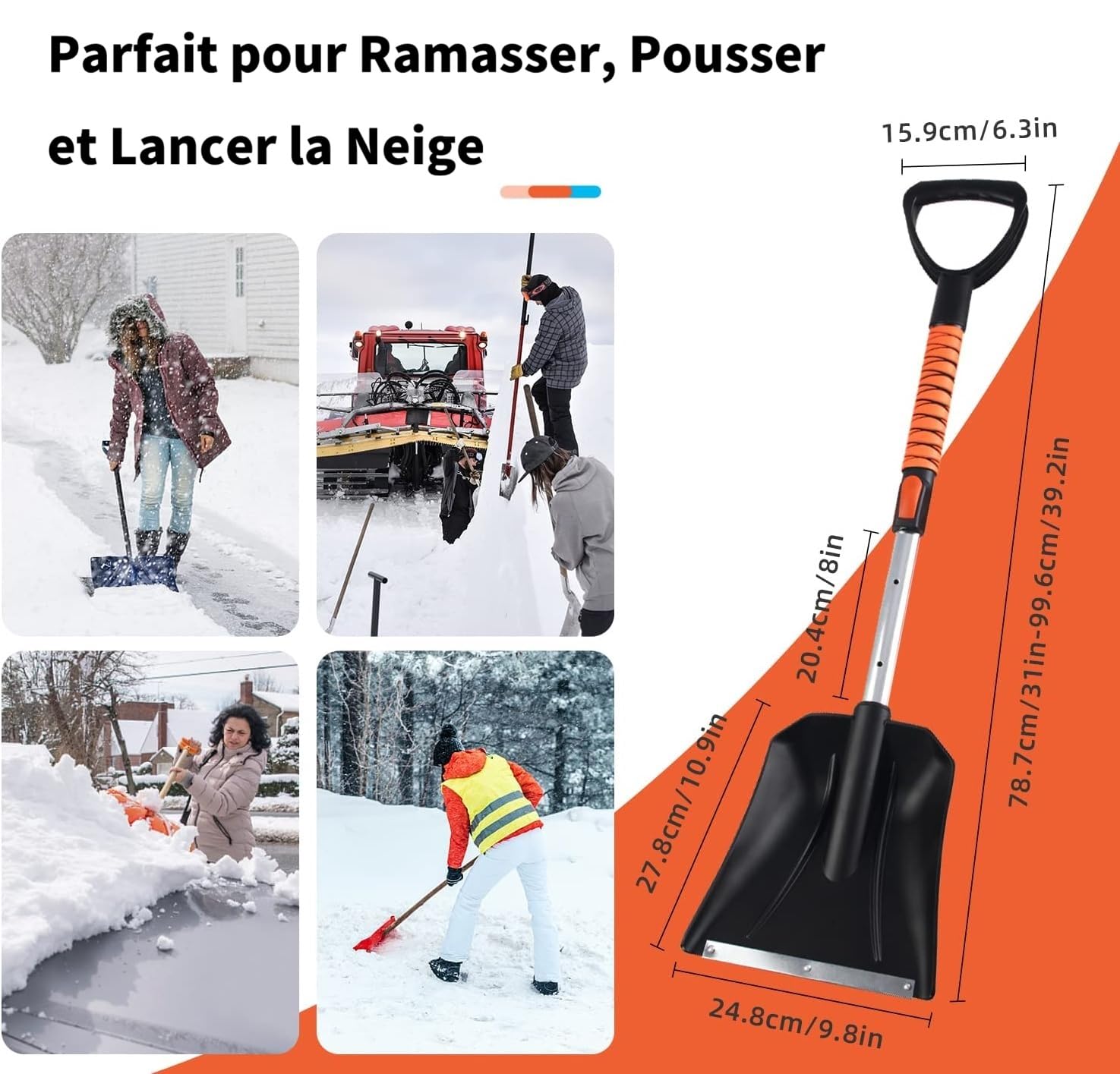120CM Brosse à Neige pour Voiture - Grattoir à Glace de Pare Brise - Pelle à Neige avec Manche Extensible et Poignée en Mousse - Ensemble de Balai à Neige pour Voiture, SUV, Camion, Orange