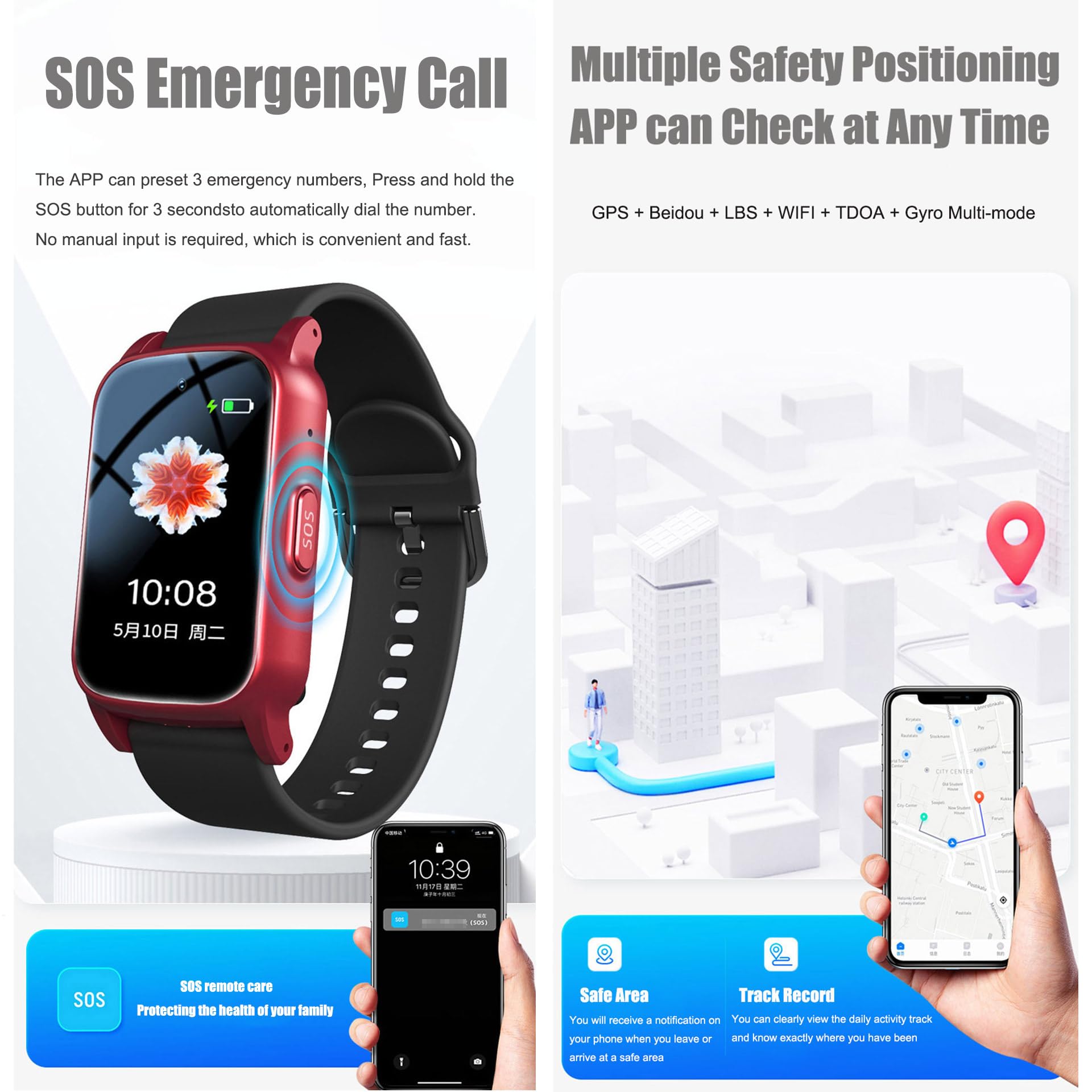 Notruf Armband Für Senioren, Notfalluhr Für Senioren Mit SOS-Notruf, Sturzerkennung, HD-Videoanruf Und Magnetischer Aufladung – IP67 WasserdichtRed,25.8x2cm