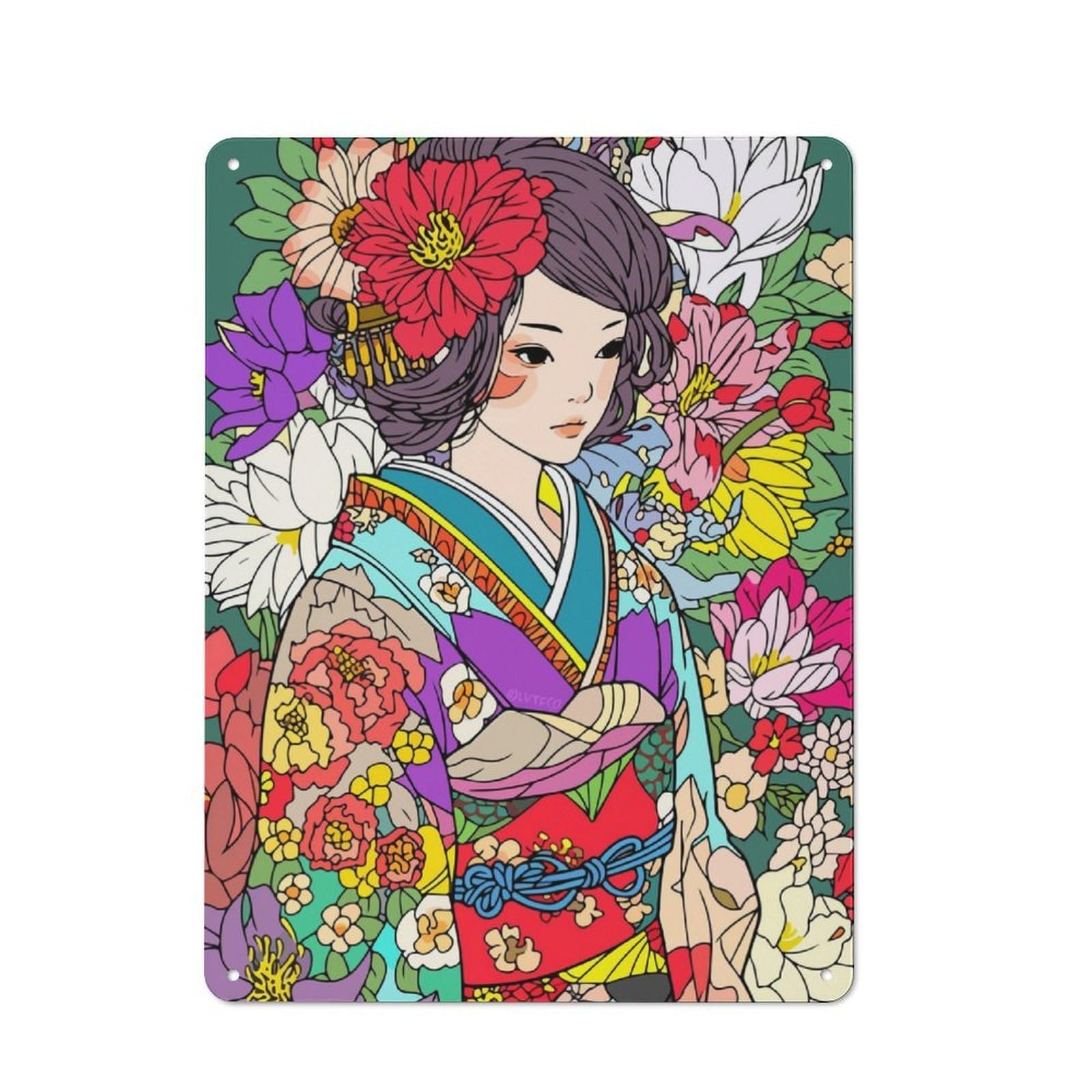 Junmoney Girls Zen Kimono Flower Art Industrial-Style Metal Plaque 40X30cm For Workshop Wall, For Vintage Wall Decor Fans, For Themed Room Decoration
