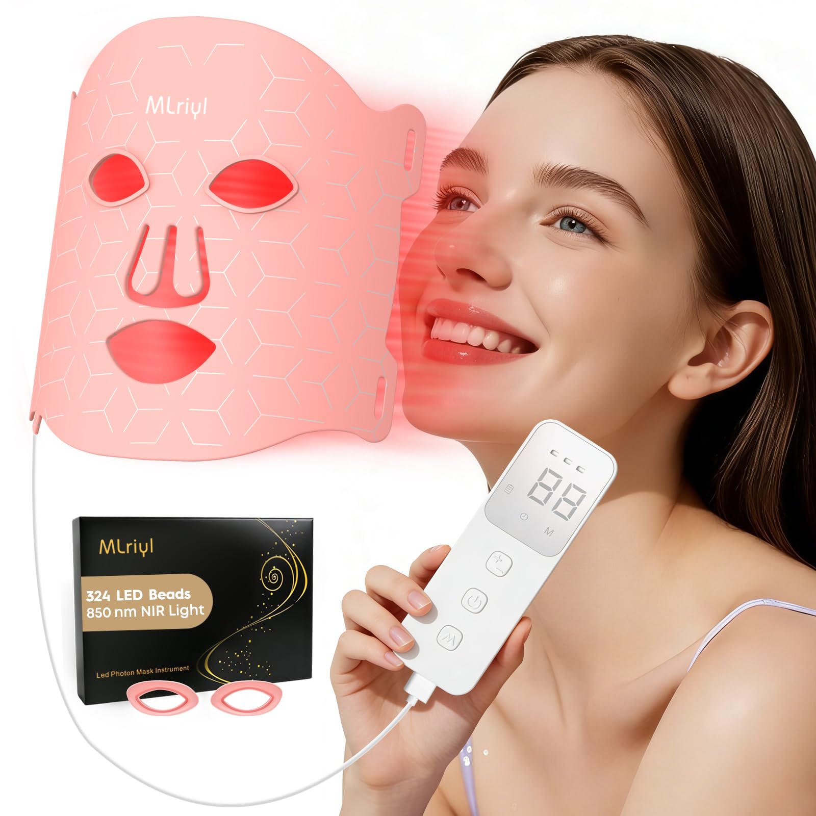 Rotlicht Maske Gesicht 850nm Nahinfrarotlicht 7 Modi Anti Falten | 108 LEDs mit 324 Chips erzeugen eine gleichmäßige Lichtverteilung, 3 Einstellbare Helligkeitsstufen für Anti-Aging