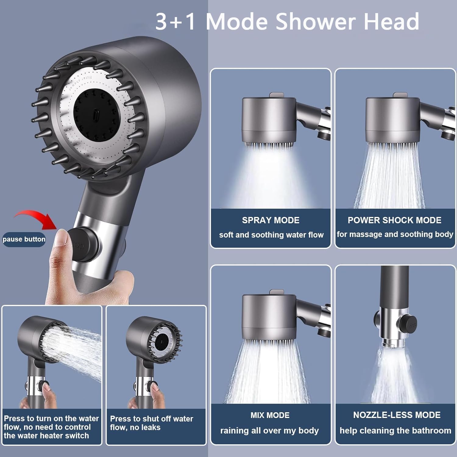 Alcachofa de Ducha de Alta Presión, Manguera de 1,5 M y soporte, 3+1 Modos de Rociado, Alcachofa Ducha Antical Ahorrador de Agua para Eliminar Cloro, para Cuidado de la Piel y Cabello(B,2M)