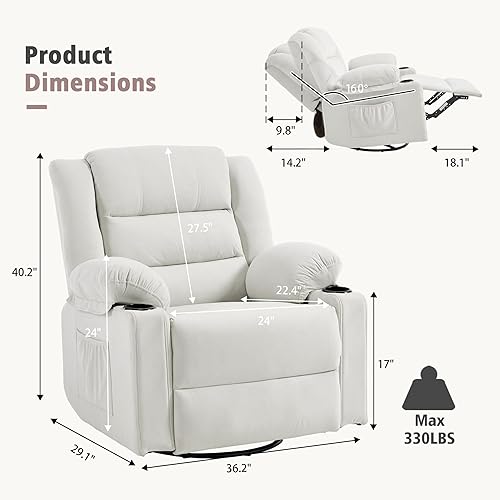 Miniatura 2 de Silla reclinable giratoria con masaje y calor, sillón reclinable de gran tamaño para adultos, sofá individual reclinable tapizado de tela para sala