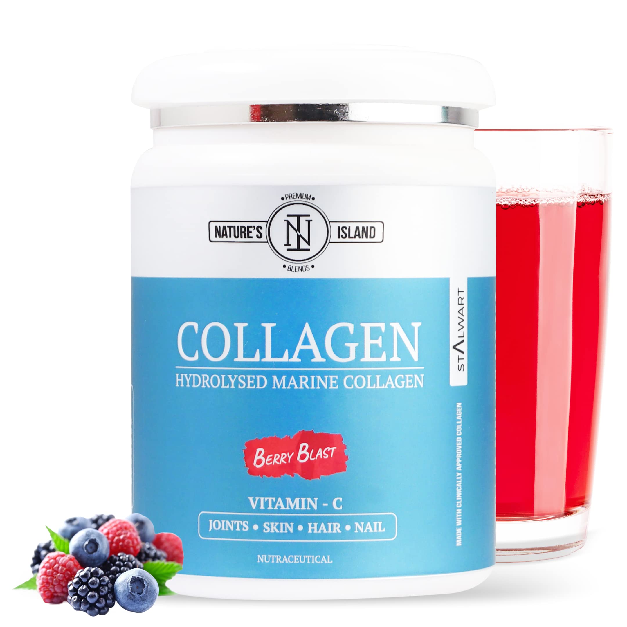 Hydrolyzed Marine Collagen Powder for Women & Men | Collagen Peptides Powder for Bones | Joints | Hair | Skin & Nails | Infused with Vitamin C | 250G - (Berry Blast))