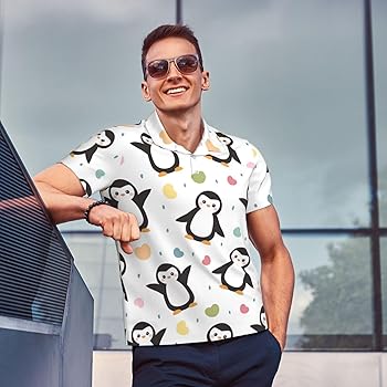 Mosytuky Colorful Hearts Penguin Print Polo Shirts for Men