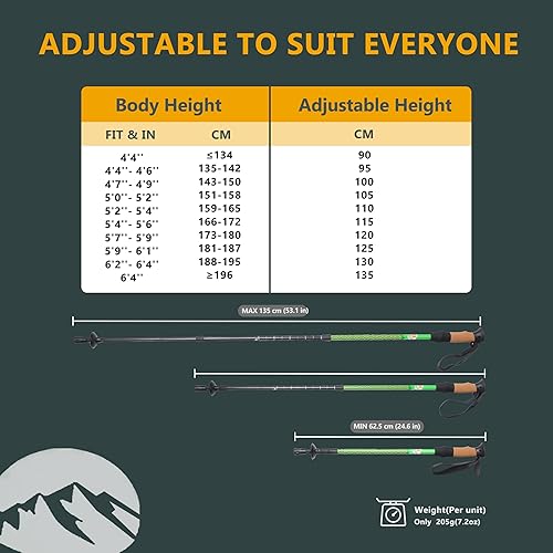 Miniatura 7 de HXE Bastones de senderismo de fibra de carbono, ligeros y ajustables con agarres de corcho, par de 2 bastones de senderismo para hombres y mujeres
