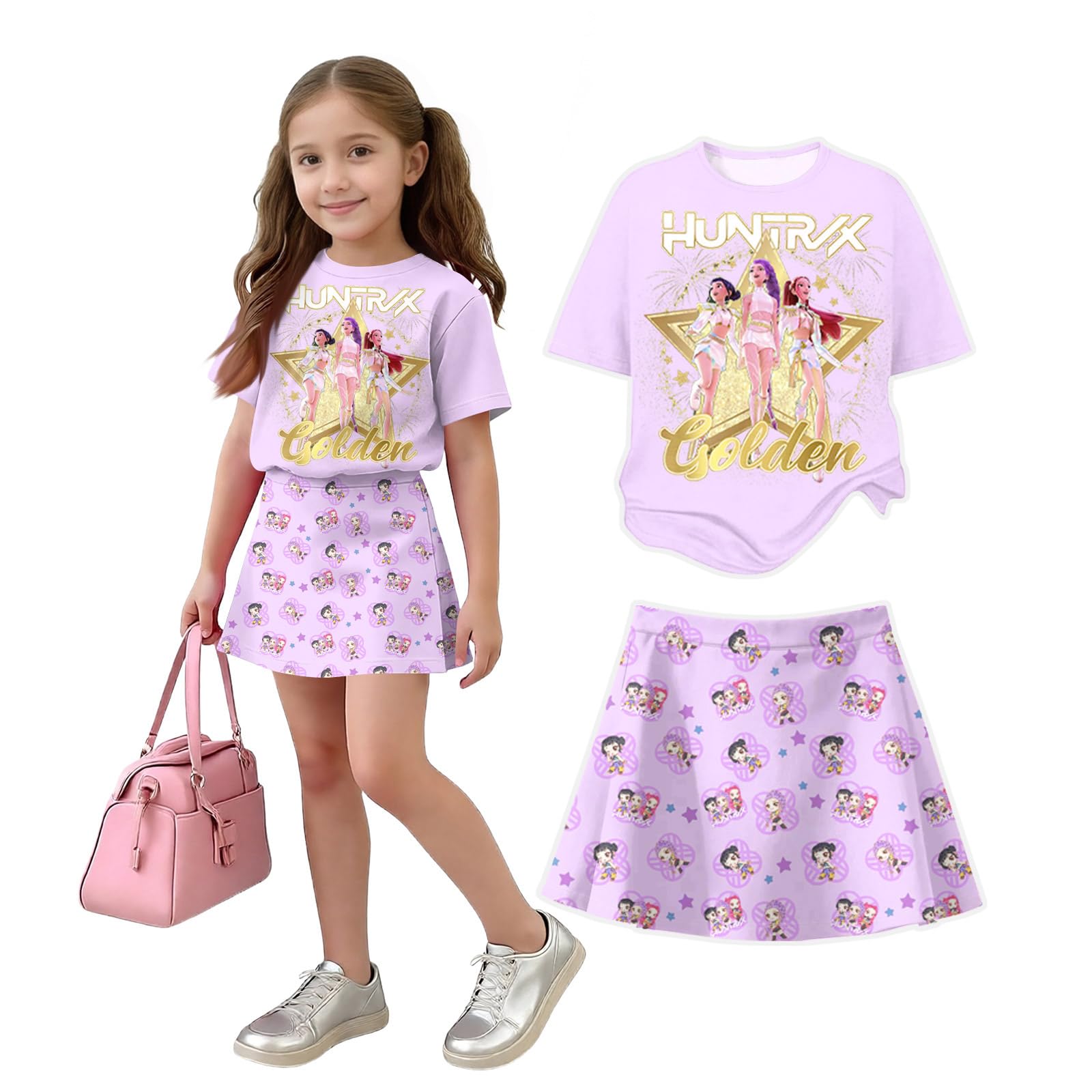 K Pop Short Sleeve T-Shirt and Skirts Outfits Set for Girls Hunters Girl's Anime Graphic Tees De-Mon Summer Sets — view 22