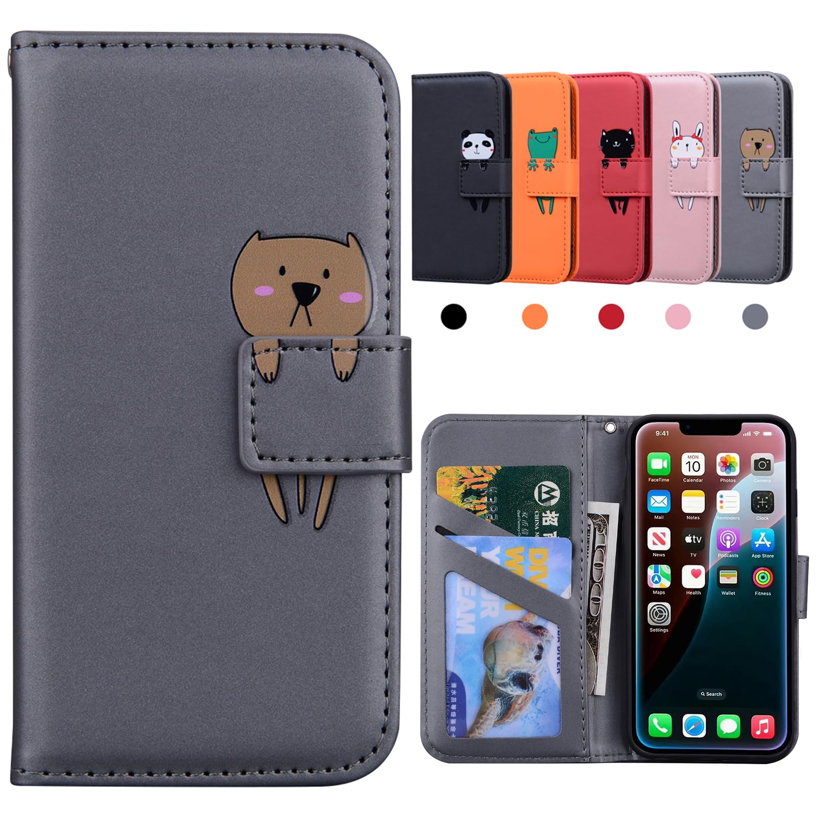 Kedic に適合する iPhone 16e ケース 手帳型 あいほん17eケース 可愛い コンパチ いphone16e いphone17e 手帳型ケース アイホン16e カバー カード収納 財布付き カードホル スタンド機能 適合 iPhone 17e ケース iphone16e スマホカバー かわいい 動物柄 薄型 防水 ノート型 男女兼用 [6.1インチ] (グレー)