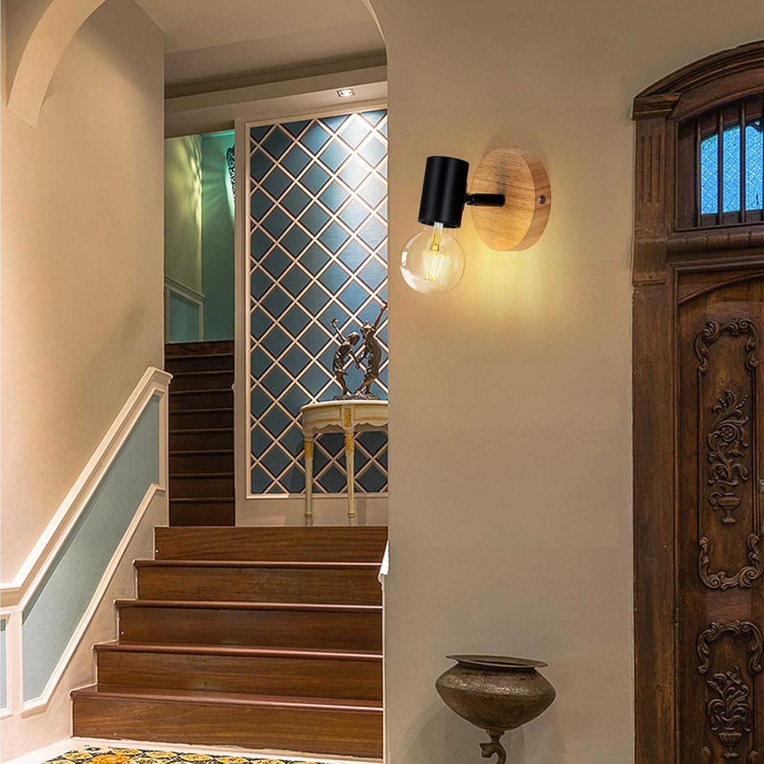 Tealight 4 Pezzi Applique da Parete Interno, Applique Camera da Letto,lampade per corridoio, Legno e Metallo Design, Lampada a Muro Vintage E27 per Corridoio, Camera da Letto,Soggiorno, Nero