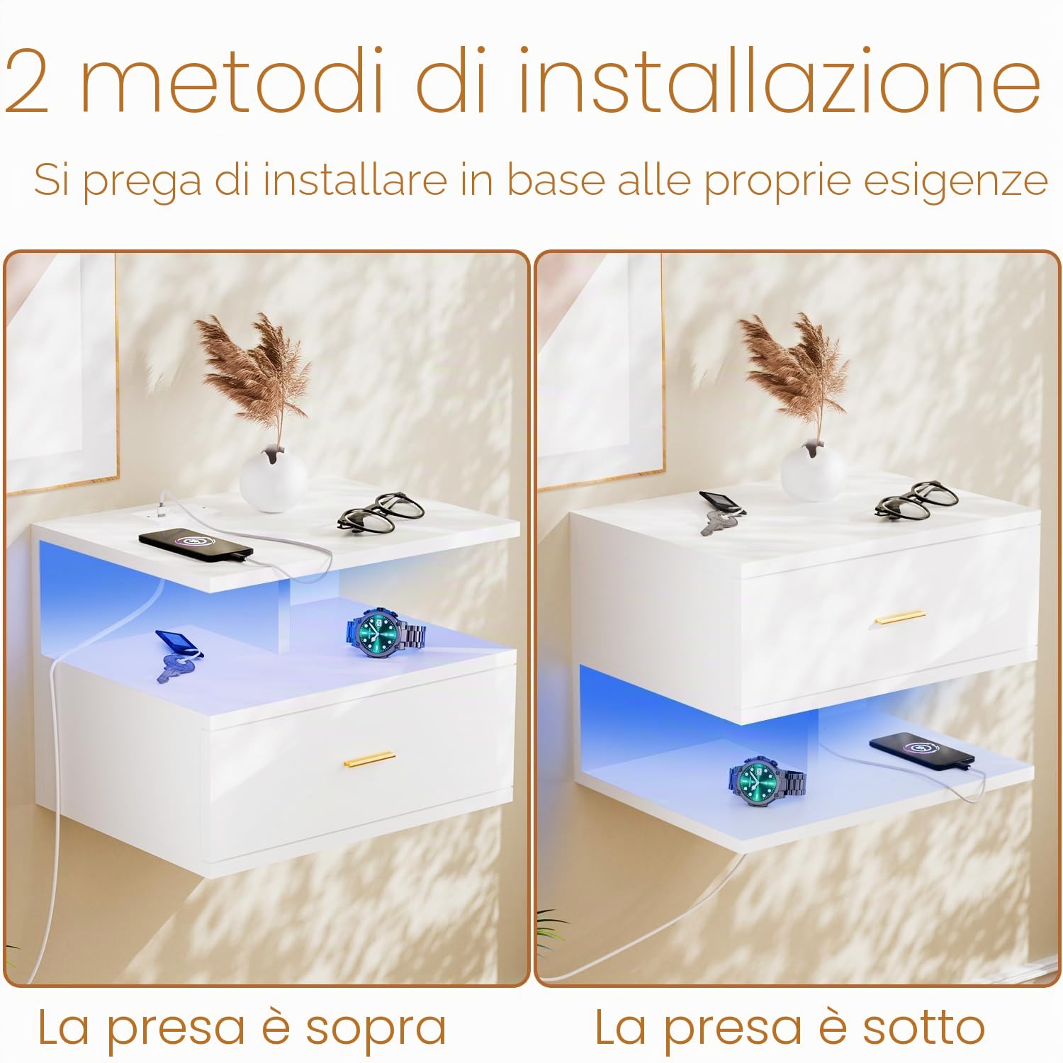 Comodino Sospeso con Illuminazione LED RGB E 1 Presa AC/2 Porte USB,Comodini Sospesi Camera da Letto con 1 Cassetto E 2 Ripiani Aperti, 40 X 30 X 30 cm,Adatto Per Camera Da Letto E Soggiorno(Bianco)