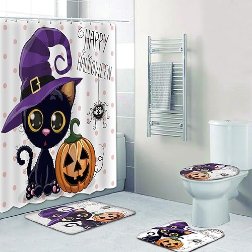 Vista 2 de Bonito juego de cortinas de ducha para decoración de baño, cortinas de calabaza para gatos de 72 x 72 pulgadas con tapete de baño absorbente, Gato