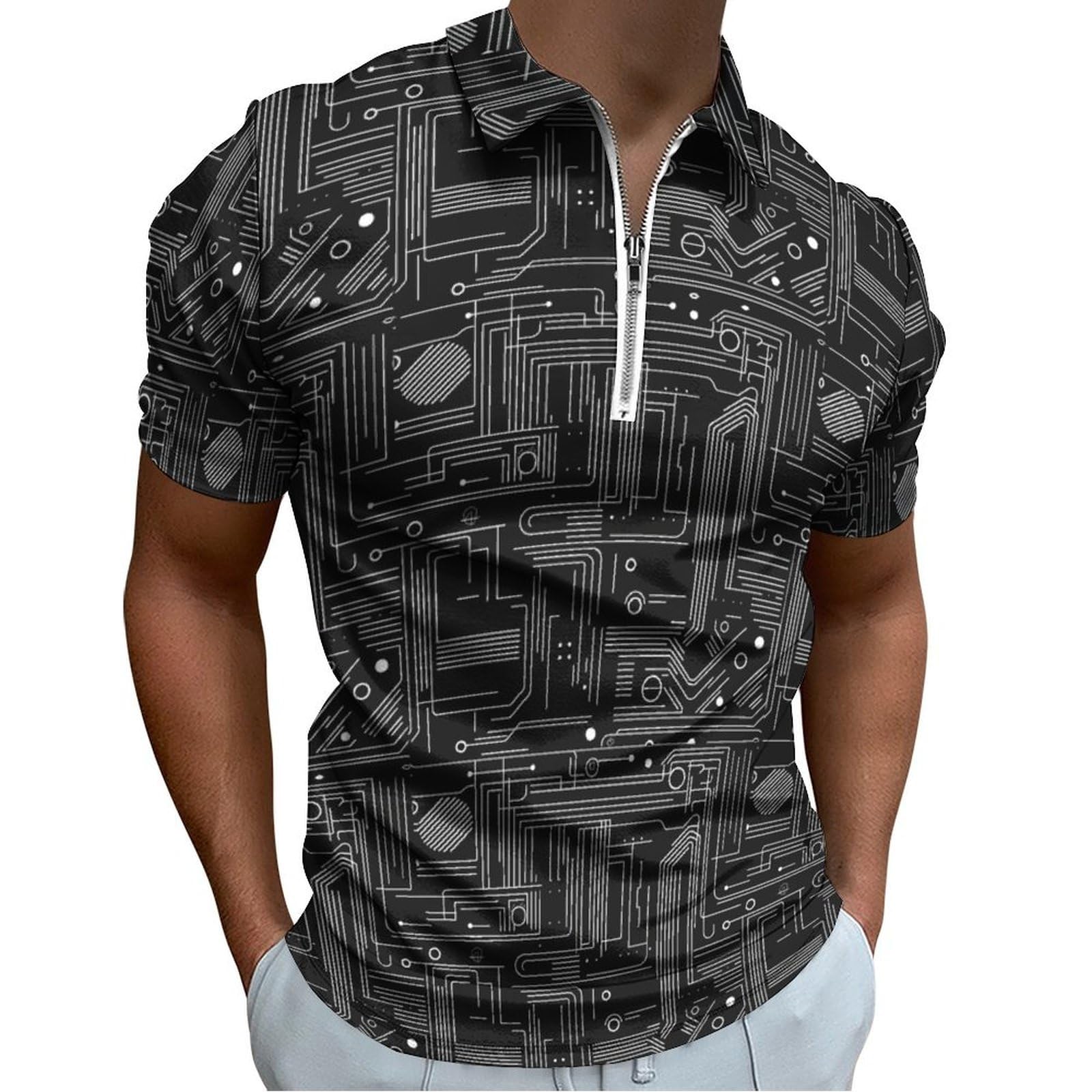 Mens Floral Printed Hawaiian Polo Shirts Zipper Short Sleeve Golf Shirt Moisture Wicking V Neck Casual Slim T