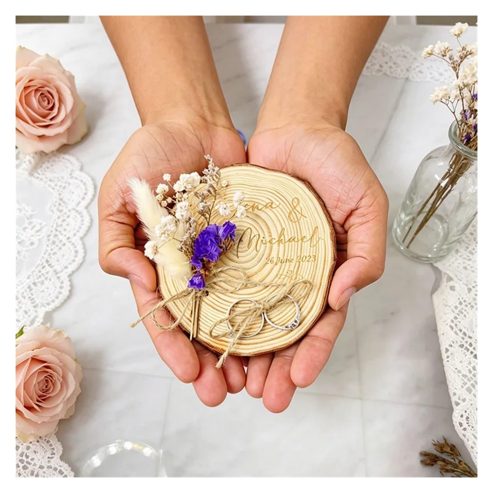 Portafedi In Legno Per Matrimoni Cuscino portafedi personalizzato, fetta di legno