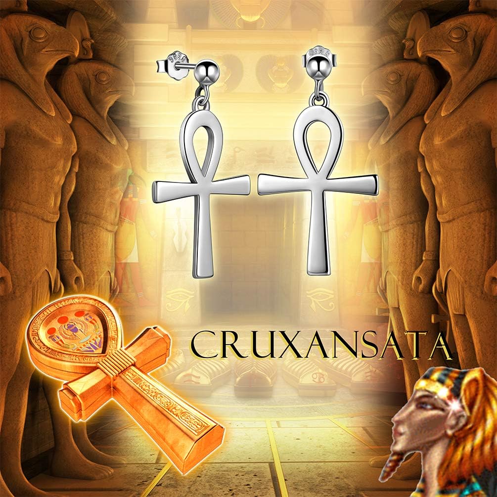Jewmon 925 Sterling Silver Egyptian Ankh Cross Earrings for Women Cubic Zirconia Ankh Necklace Gothic Protection Jewelry Gifts for Mom Wife Grandma