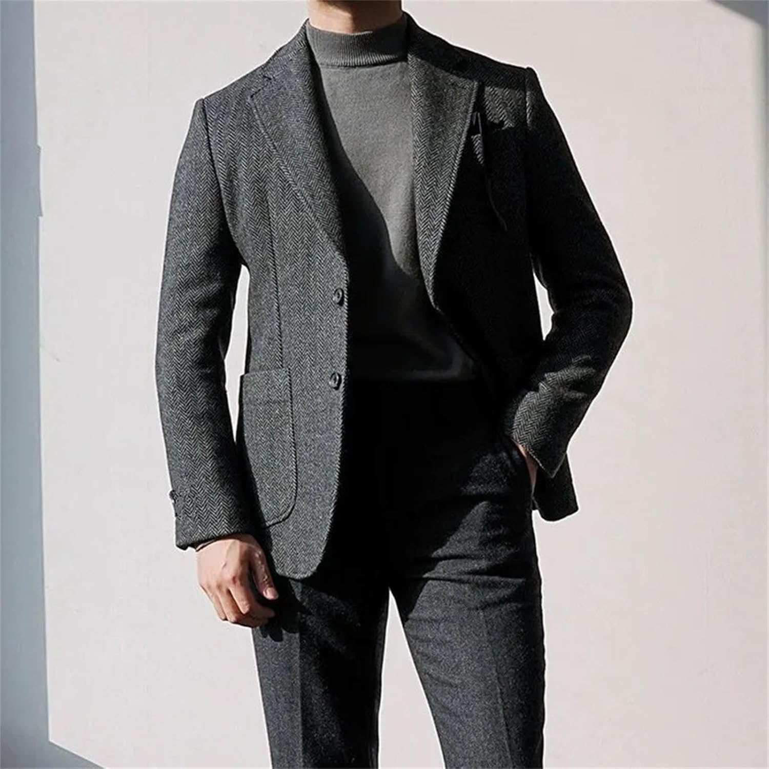 Men's Retro Wool Herringbone Suit Jacket Long Sleeves Single Breasted Thick Tweed Woolen Coat