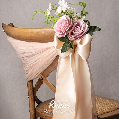 Miniatura 4 de Ribbli Cinta de satén rosa champán de 4 pulgadas de ancho para silla de boda, banda de gran apertura, lazos grandes, envoltura de regalos,