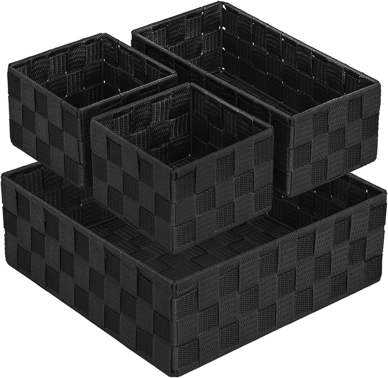 Posprica Woven Storage Box Cube Basket Bin Container Tote Organizer Divider for Drawer,Closet,Shelf, Dresser,Set of 4 (Black)