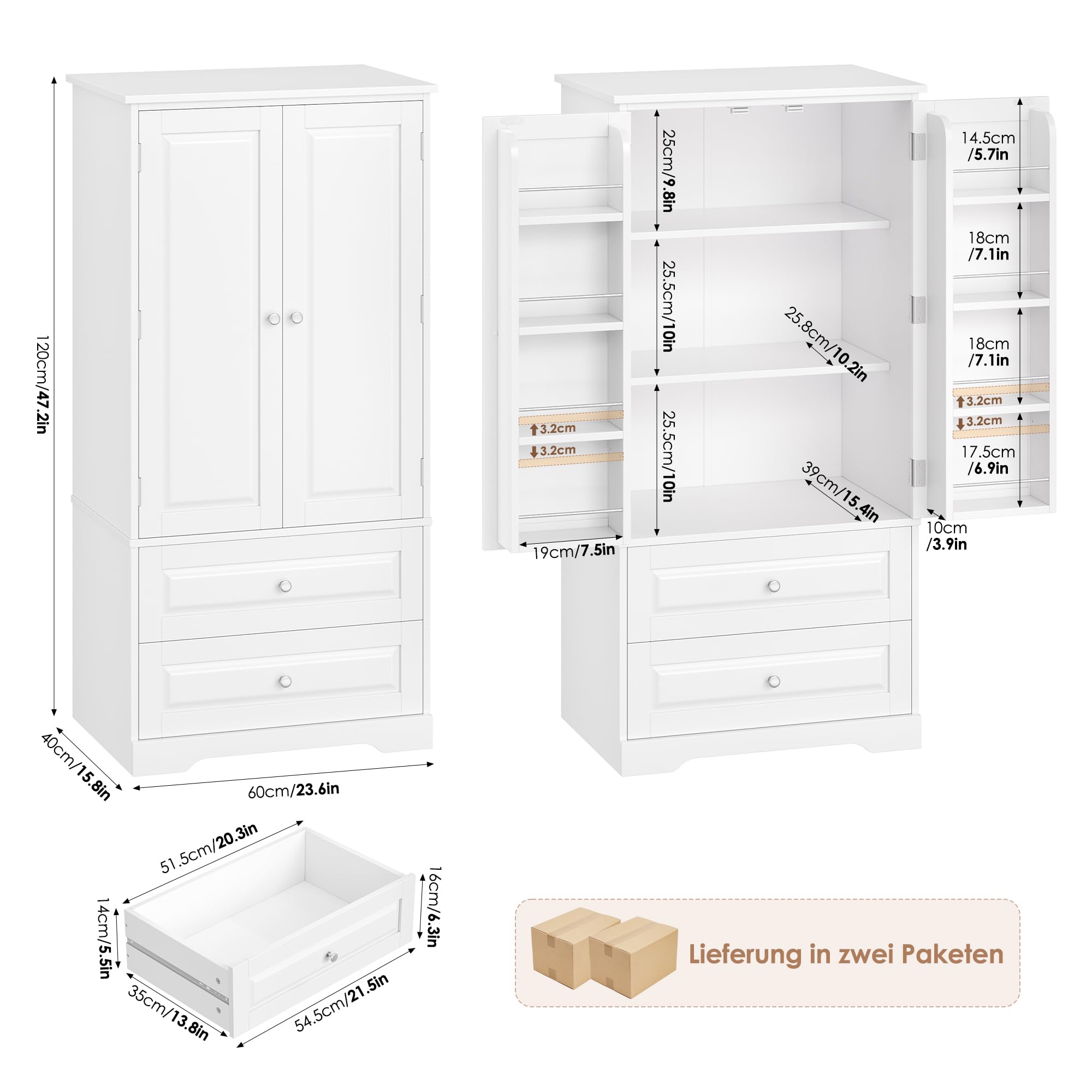FOREHILL Küchenschrank Vorratsschrank mit 2 Schubladen und 8 Türregalen | Buffetschrank Mehrzweckschrank mit 2 Türen, für Küche, Esszimmer, Badezimmer und Wohnzimmer, 60 x 40 x 120 cm, Weiß