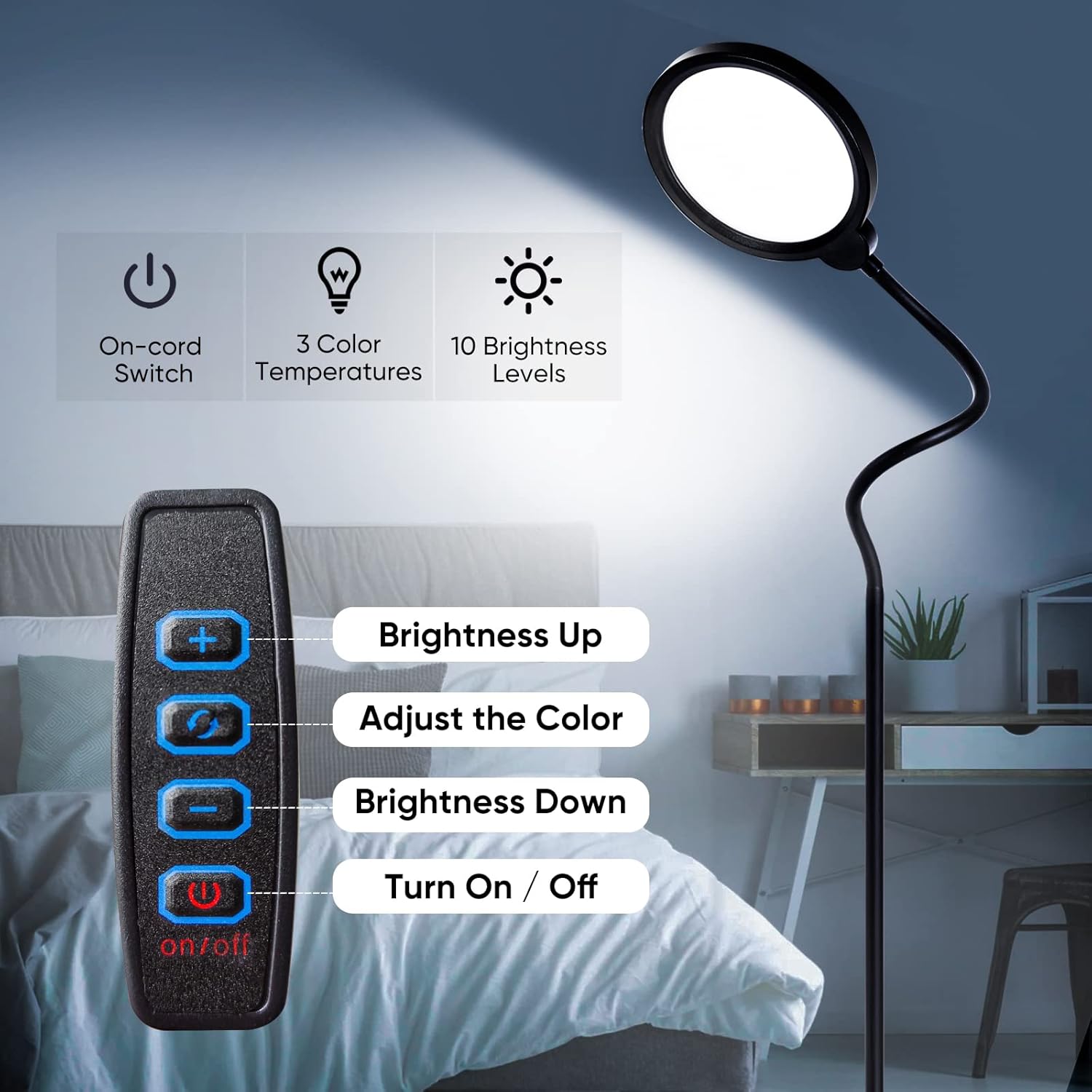 LED Floor Lamp, 12W Dimmable Standing Pole Reading Lamp 10 Brightness Levels&3 Color Temperature, Bright Gooseneck Adjustable Black Floor Lights, 800LM LED Task Lighting for Living Room Bedroom Office : Everything Else