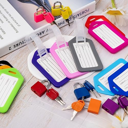 Miniatura 6 de Paquete de 10 candados para equipaje con llave + paquete de 10 etiquetas de viaje, etiquetas de equipaje para maletas, bolsas, etiquetas de nombre,