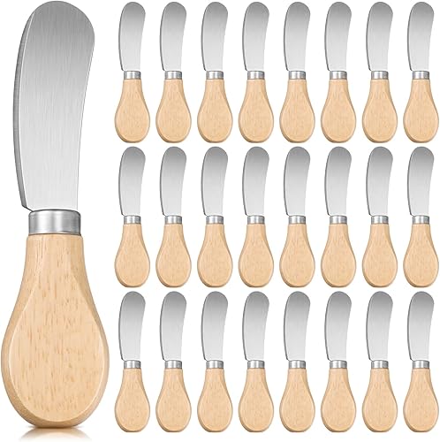 24 cuchillos esparcidores de queso pequeño de 4.7 pulgadas, esparcidor de mantequilla de acero inoxidable con mango de madera, mini cuchillos de