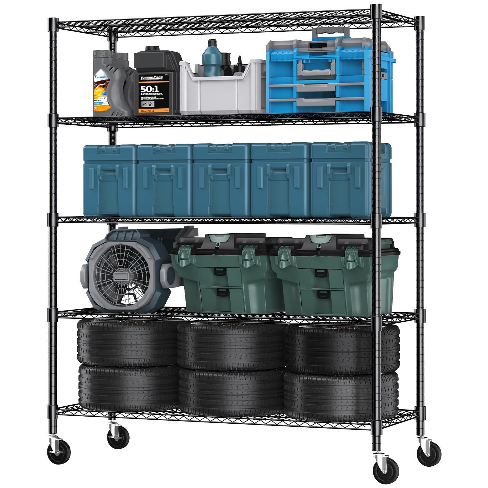 Himimi 82" H Storage Shelves 5 Tier Metal Shelving Adjustable Wire Shelf with Wheels, Heavy Duty Shelving for Garage Kitchen Pantry Bathroom Laundry,18" D*48" W*82" H, Black